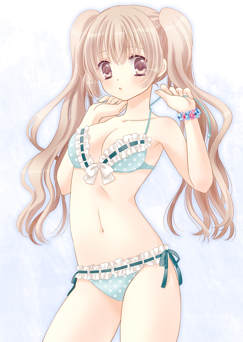 bad_id bad_pixiv_id bangs bare_arms bare_shoulders bikini blush bracelet breasts brown_eyes collarbone cowboy_shot frilled_bikini frills front-tie_bikini front-tie_top hands_up jewelry light_brown_hair long_hair looking_at_viewer medium_breasts navel original parted_lips polka_dot polka_dot_bikini polka_dot_swimsuit ribbon-trimmed_bikini sarasa-sasa simple_background solo spaghetti_strap swimsuit twintails wavy_hair