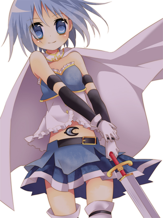 armband armlet armor bare_shoulders belt blue_eyes blue_hair blush breastplate cape crescent crescent_moon cutlass_(sword) elbow_gloves frills garters gloves layered_skirt looking_at_viewer magical_girl mahou_shoujo_madoka_magica midriff miki_sayaka moon navel pleated_skirt short_hair sie-sie simple_background skirt smile solo soul_gem standing sword thighhighs weapon white_gloves white_legwear wristband zettai_ryouiki