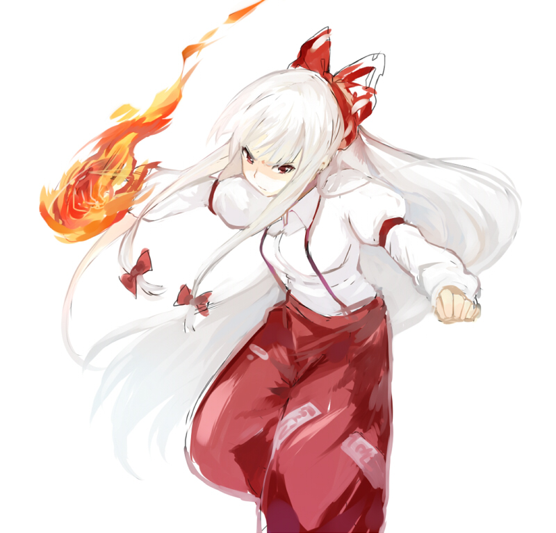 bad_id bad_pixiv_id bow burning_hand clenched_hands dress_shirt fighting_stance fire fujiwara_no_mokou hair_bow long_hair pants ribbon shirt silver_hair simple_background solo suspenders touhou ume_(plumblossom) very_long_hair white_hair
