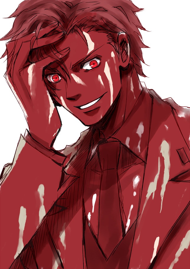 baccano! blood claire_stanfield kaoru male_focus md5_mismatch necktie red_eyes red_hair simple_background solo white_background