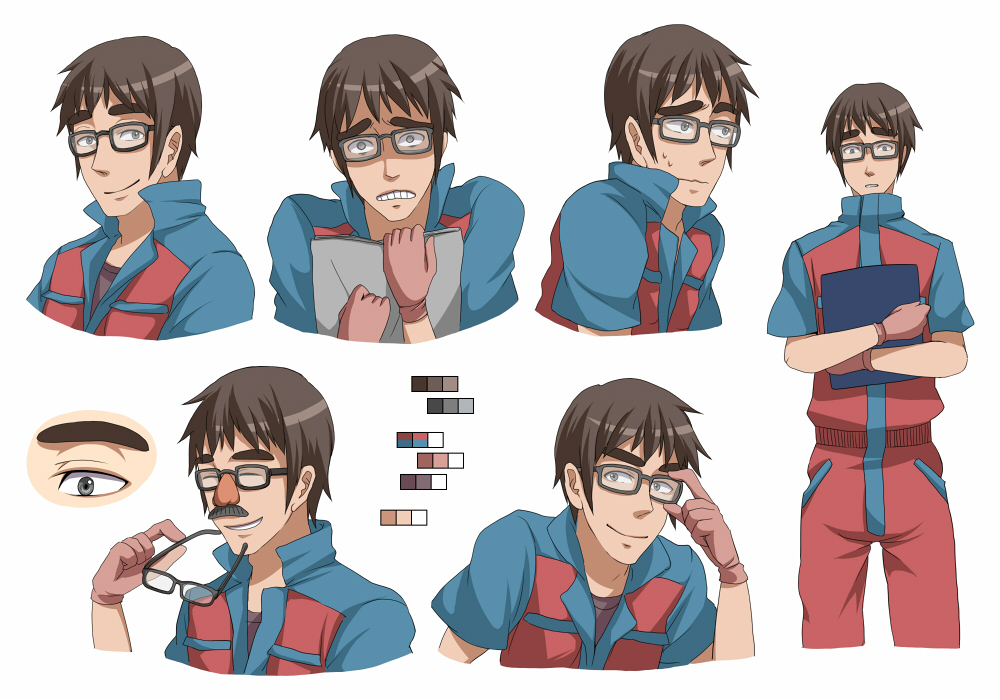 bad_id bad_pixiv_id brown_hair character_sheet color_guide eyebrows funny_glasses glasses gloves jeff_fungus male_focus monsters_inc. personification runosuke smile