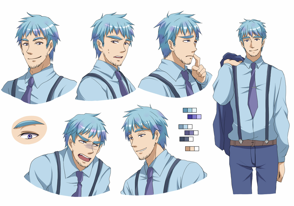 bad_id bad_pixiv_id blue_hair character_sheet color_guide eyebrows james_p._sullivan male_focus monsters_inc. multicolored_hair necktie personification runosuke suspenders tie_clip