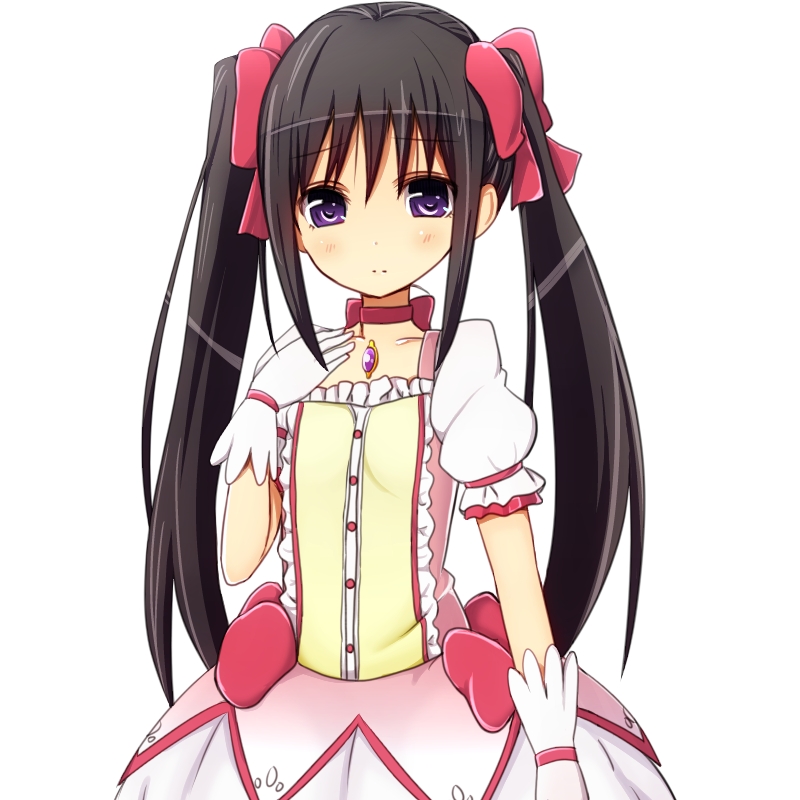 :| akemi_homura alternate_hairstyle amano_kouki black_hair blush bow choker closed_mouth collarbone cosplay dress expressionless flat_chest frilled_dress frills gloves hair_bow hair_ornament hand_on_own_chest kaname_madoka kaname_madoka_(cosplay) long_hair looking_at_viewer magical_girl mahou_shoujo_madoka_magica pleated_skirt puffy_sleeves purple_eyes red_choker ribbon_choker serious simple_background skirt solo soul_gem staring twintails white_gloves