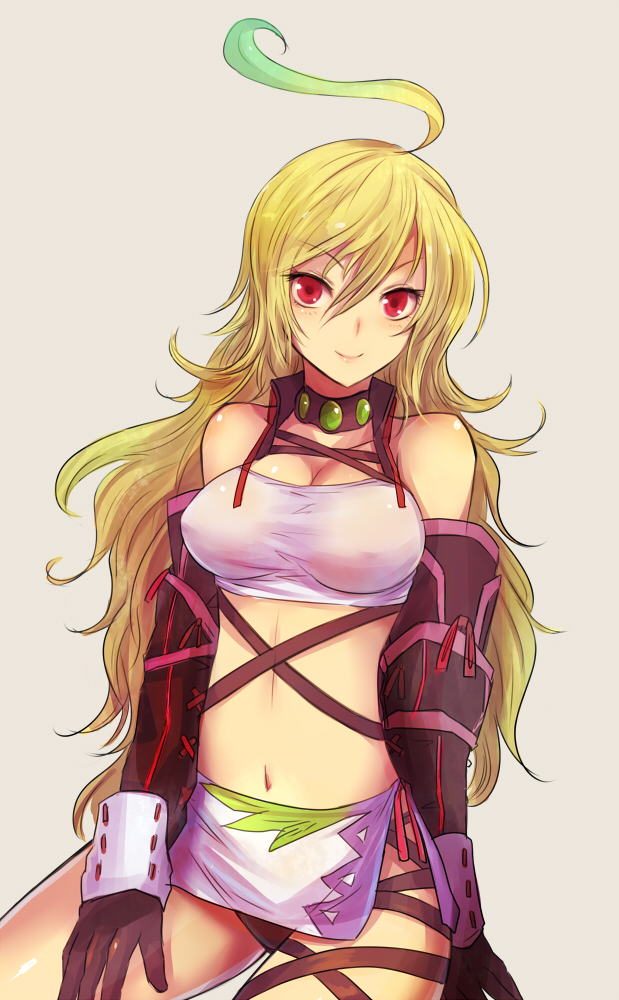 ahoge bare_shoulders blonde_hair blush breasts choker cleavage gauntlets gradient_hair kara_(color) long_hair medium_breasts midriff milla_maxwell multicolored_hair shirt simple_background smile solo strapless streaked_hair tales_of_(series) tales_of_xillia taut_clothes taut_shirt tubetop