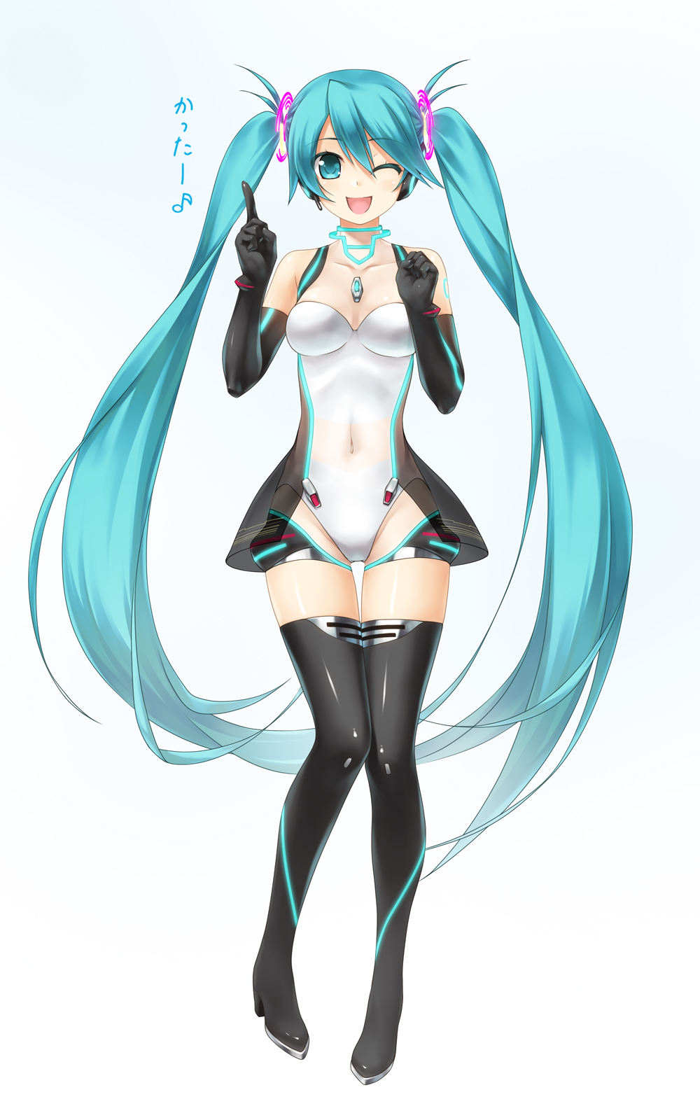;d aqua_eyes aqua_hair boots elbow_gloves gloves goodsmile_company goodsmile_racing hatsune_miku highres long_hair navel one_eye_closed open_mouth pointing race_queen racing_miku racing_miku_(2011) simple_background smile solo thigh_boots thighhighs twintails very_long_hair vocaloid wacchi