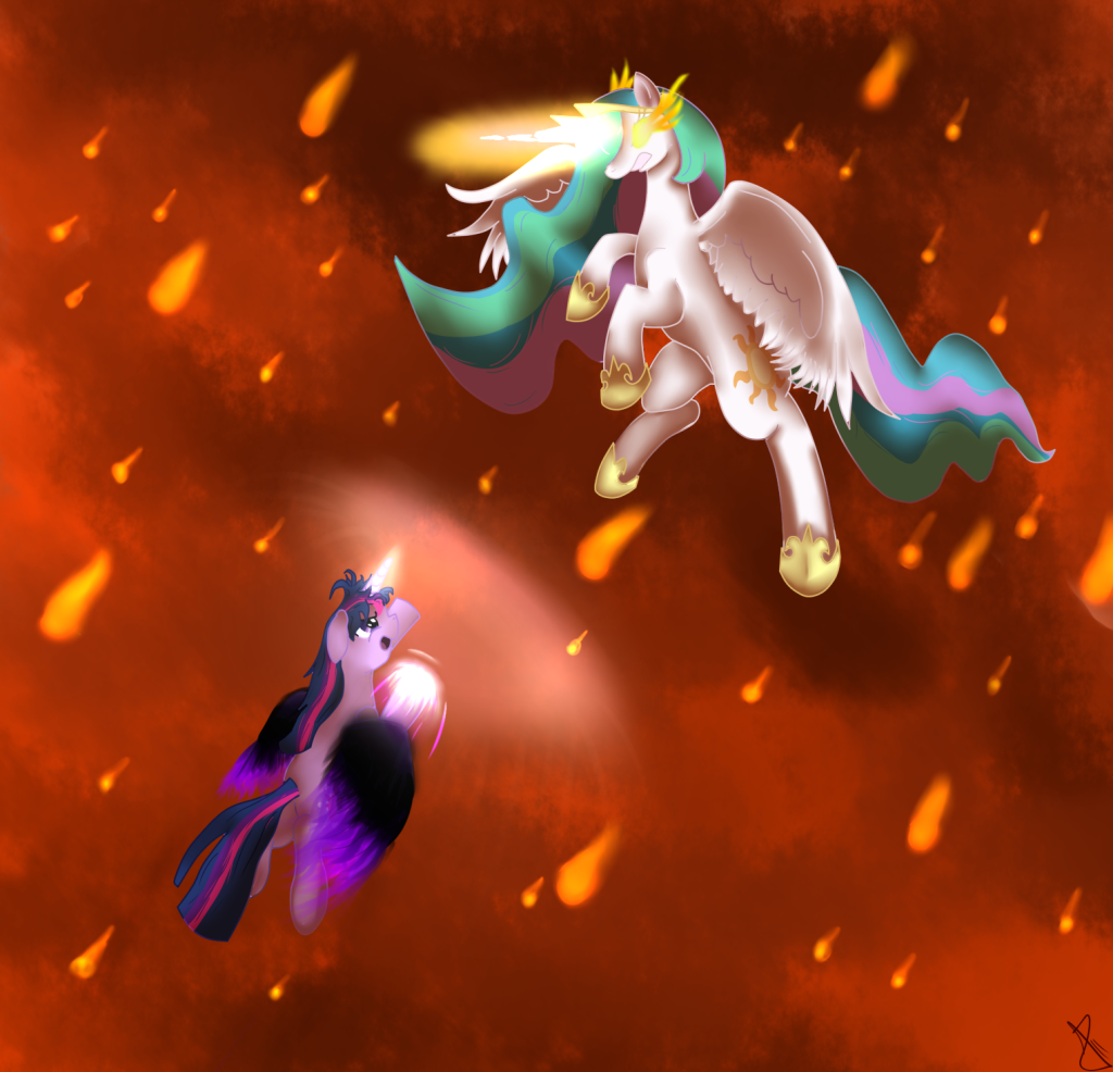 alicorn duo equine female feral fight fire friendship_is_magic horn mammal my_little_pony pegacorn princess princess_celestia_(mlp) royalty sonicrainboom93 twilight_sparkle_(mlp) tyruas unicorn winged_unicorn wings wounded