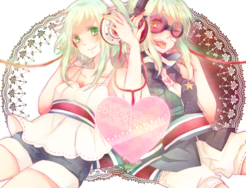 ;p bad_id bad_pixiv_id dual_persona goggles green_eyes green_hair gumi headphones multiple_girls one_eye_closed pekikokko short_hair shorts smile tongue tongue_out vocaloid