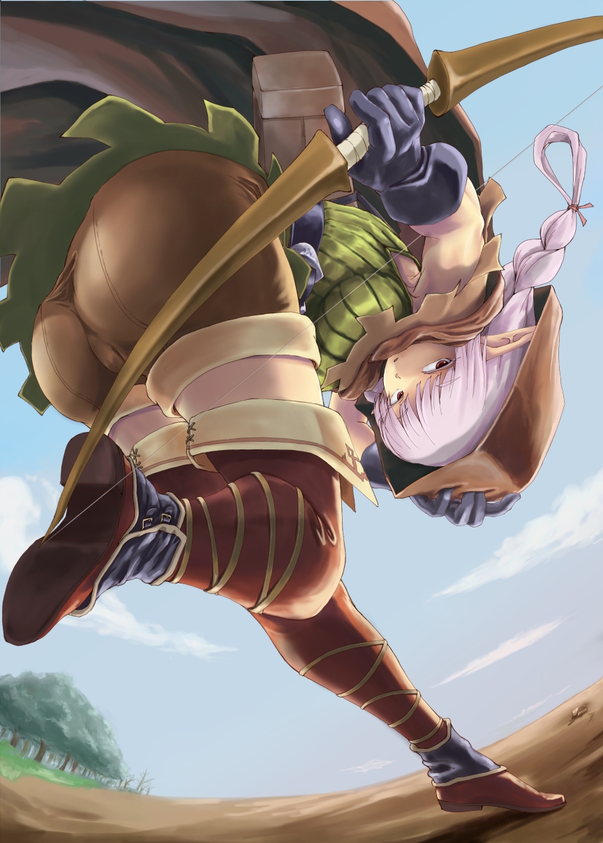 ass belt boots bow_(weapon) braid brown_eyes cloak dragon's_crown elf elf_(dragon's_crown) gloves highres hood katatuki pointy_ears shorts solo thigh_boots thighhighs twin_braids weapon