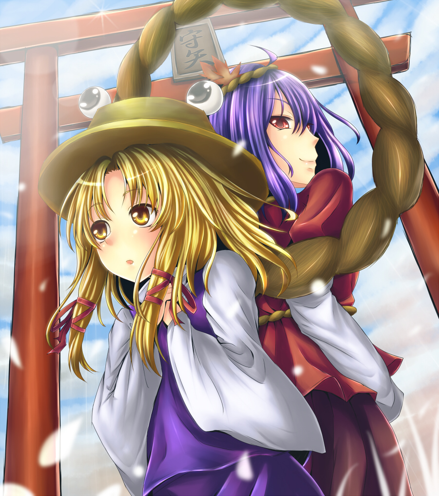 bad_id bad_pixiv_id blonde_hair dabadhi hair_ornament hat moriya_suwako multiple_girls purple_hair red_eyes torii touhou yasaka_kanako yellow_eyes