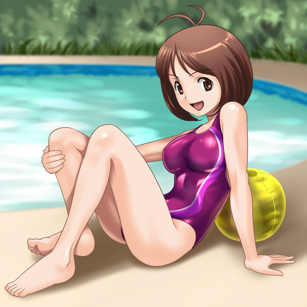 ball barefoot breasts brown_eyes brown_hair competition_swimsuit feet hidaka_ai idolmaster idolmaster_dearly_stars leg_hold medium_breasts muhi11234 one-piece_swimsuit pool smile solo swimsuit