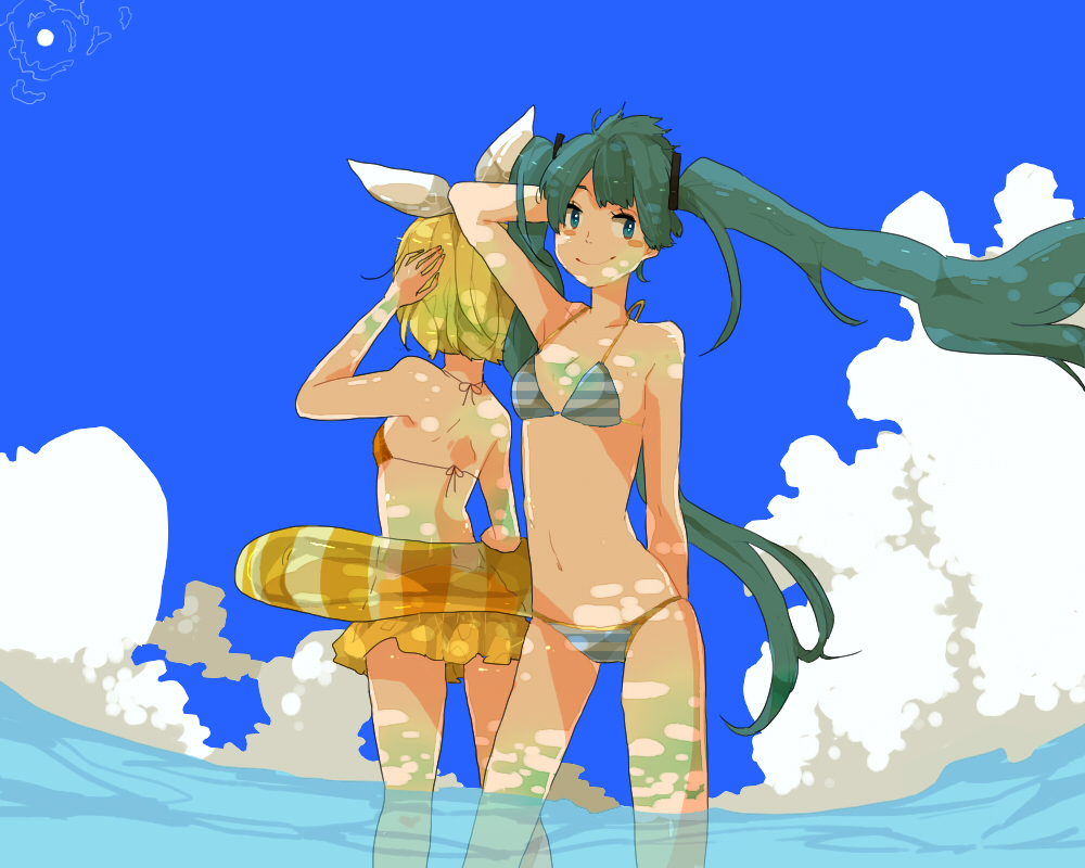 aqua_eyes aqua_hair asakura bad_id bad_pixiv_id bikini blonde_hair cloud day hair_ribbon hatsune_miku kagamine_rin long_hair multiple_girls ribbon short_hair sky smile swimsuit twintails vocaloid