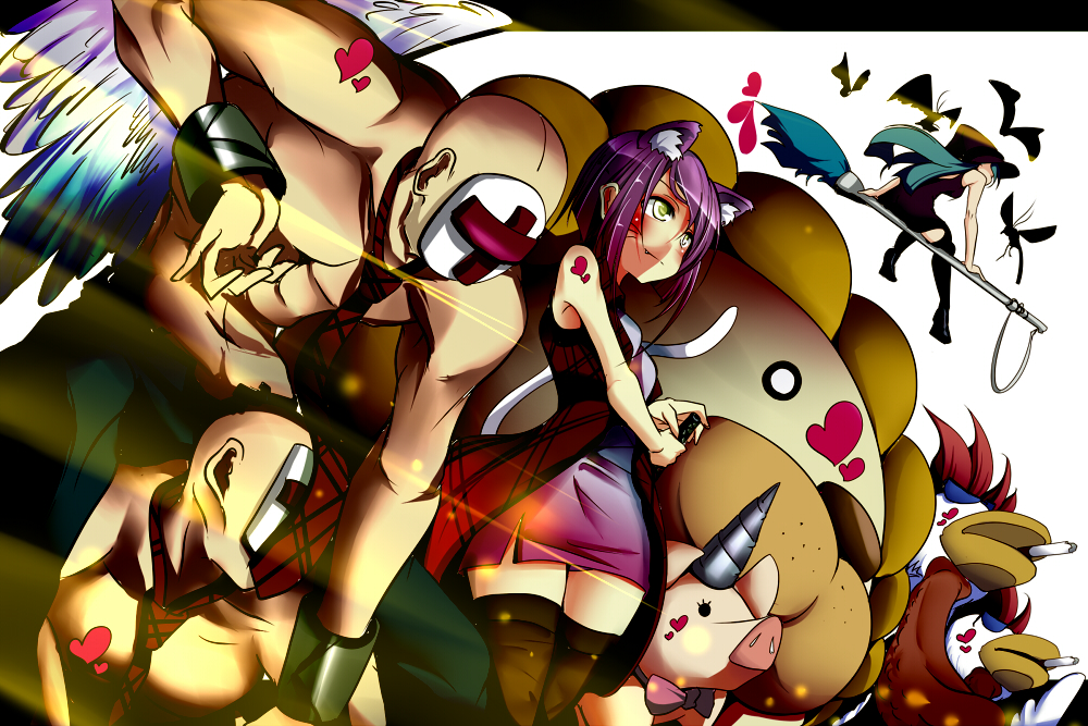 2girls animal_ears bad_id bad_pixiv_id bald broom broom_riding cat_ears cross crossed_arms drill facial_tattoo hat horn mask multiple_boys multiple_girls muscle natsu_(anta_tte_hitoha) original pig purple_hair scarf short_hair smile tattoo thighhighs wings witch_hat yellow_eyes
