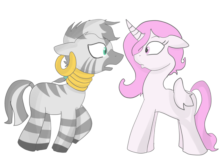 alicorn equine female feral friendship_is_magic hair horn horse mammal my_little_pony pegacorn piercing pink_hair plain_background pony princess_celestia_(mlp) unknown_artist white_background winged_unicorn wings younger zebra zecora_(mlp)