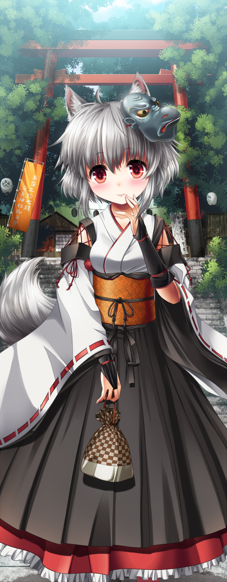 ahoge animal_ears bag blush cross-laced_clothes detached_sleeves flag hand_on_own_face highres inubashiri_momiji japanese_clothes kei_kei kinchaku lantern looking_at_viewer mask mask_on_head obi oni_mask outdoors paper_lantern pouch red_eyes ribbon-trimmed_sleeves ribbon_trim sash short_hair silver_hair skirt solo stairs standing tail torii touhou tree white_hair wolf_ears wolf_tail