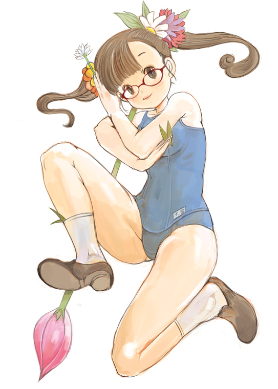 brown_eyes brown_hair flower glasses kazaana long_hair one-piece_swimsuit original school_swimsuit shoes solo swimsuit twintails