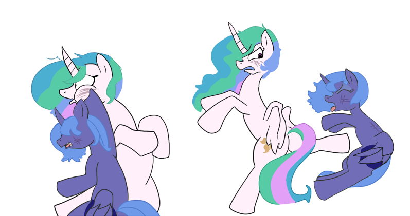 alicorn duo equine female feral fight friendship_is_magic horn mammal my_little_pony pegacorn plain_background princess princess_celestia_(mlp) princess_luna_(mlp) royalty sibling sisters unknown_artist white_background winged_unicorn wings