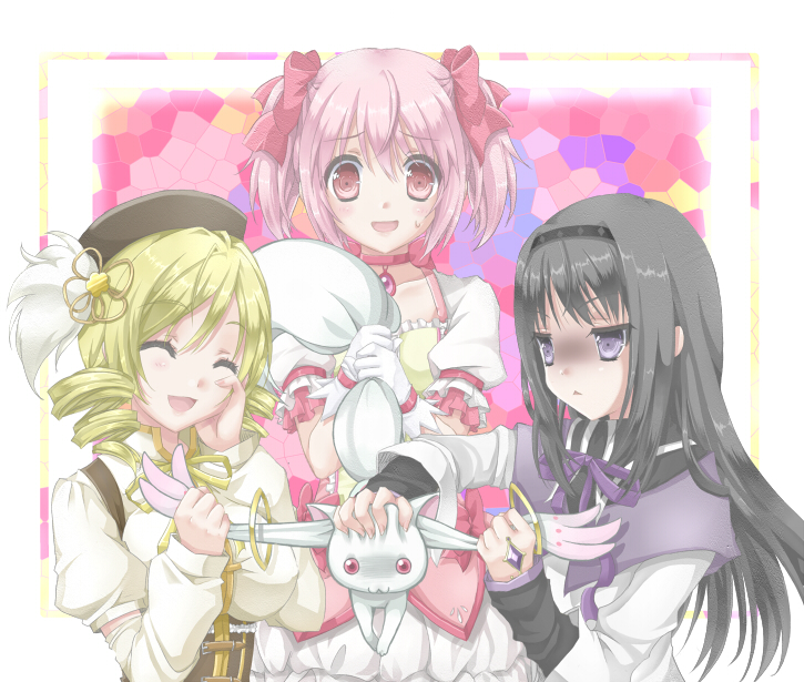 :&lt; akemi_homura beret black_hair blonde_hair closed_eyes drill_hair hair_ribbon hairband hat hinausa kaname_madoka kyubey long_hair magical_girl mahou_shoujo_madoka_magica multiple_girls pink_eyes pink_hair purple_eyes ribbon shaded_face short_hair short_twintails sweatdrop tomoe_mami twin_drills twintails you_gonna_get_raped