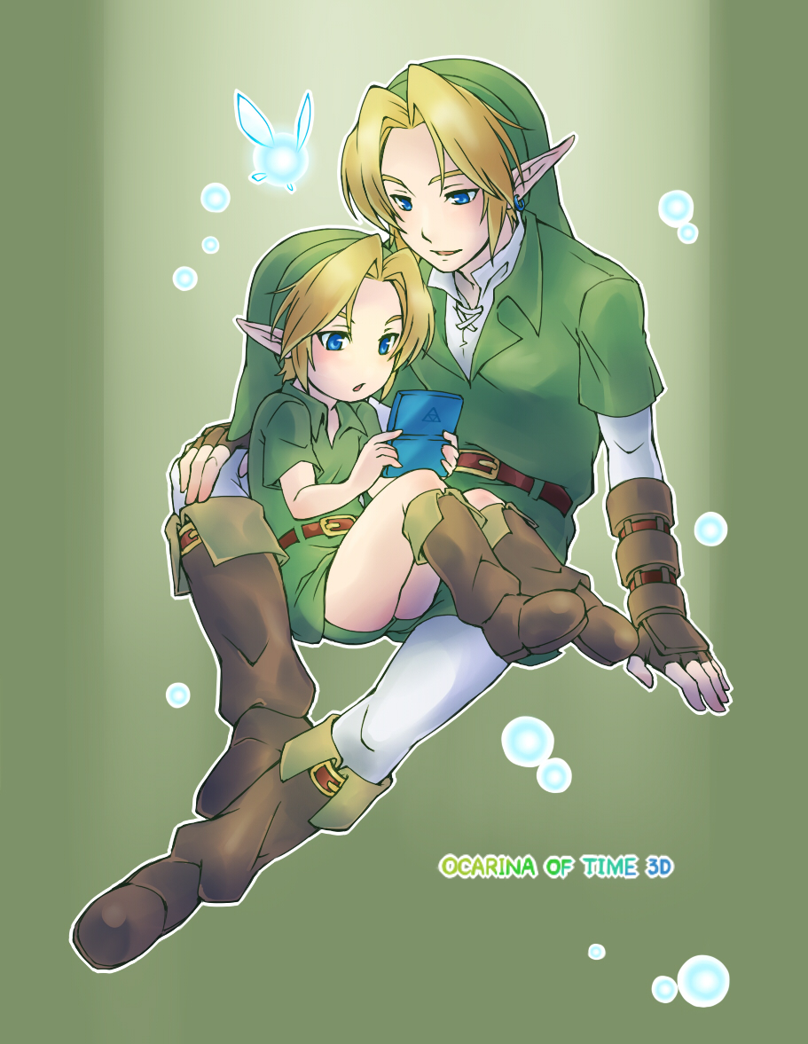 blonde_hair blue_eyes boots dual_persona earrings fairy handheld_game_console hat jewelry link male_focus multiple_boys navi nintendo_3ds pointy_ears teru_suzu the_legend_of_zelda the_legend_of_zelda:_ocarina_of_time tunic young_link