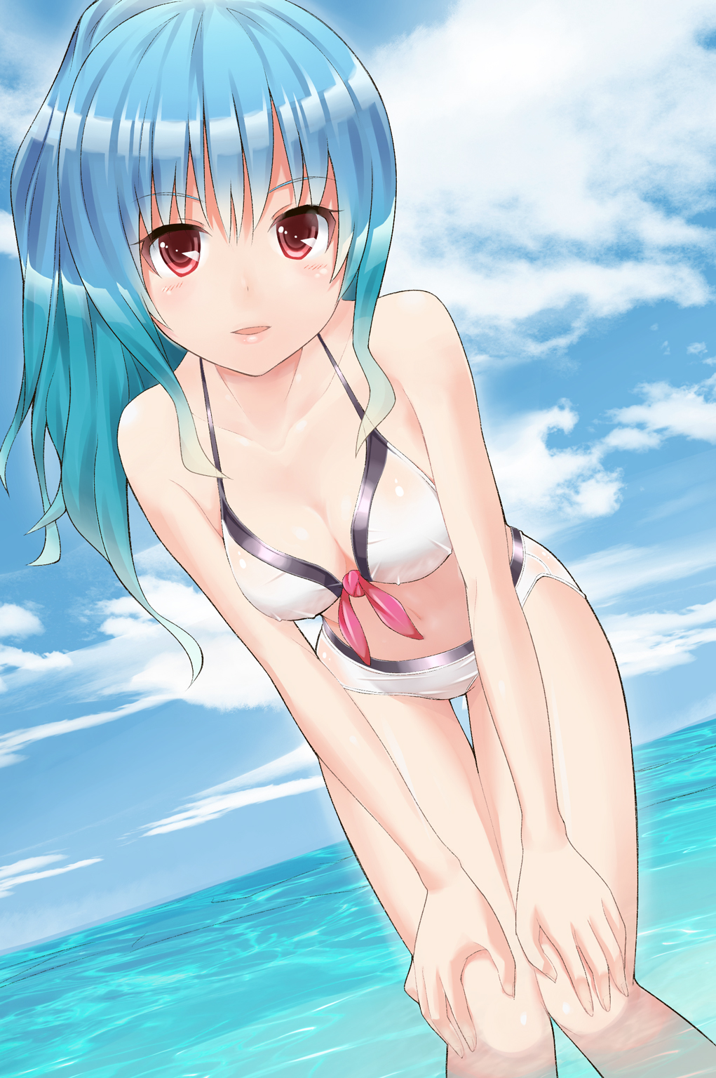 alcohol_(coldfront) alternate_hairstyle bad_id bad_pixiv_id bikini blue_hair breasts cleavage cloud day hands_on_own_knees highres hinanawi_tenshi leaning_forward looking_at_viewer medium_breasts ocean outdoors ponytail red_eyes solo standing swimsuit touhou water