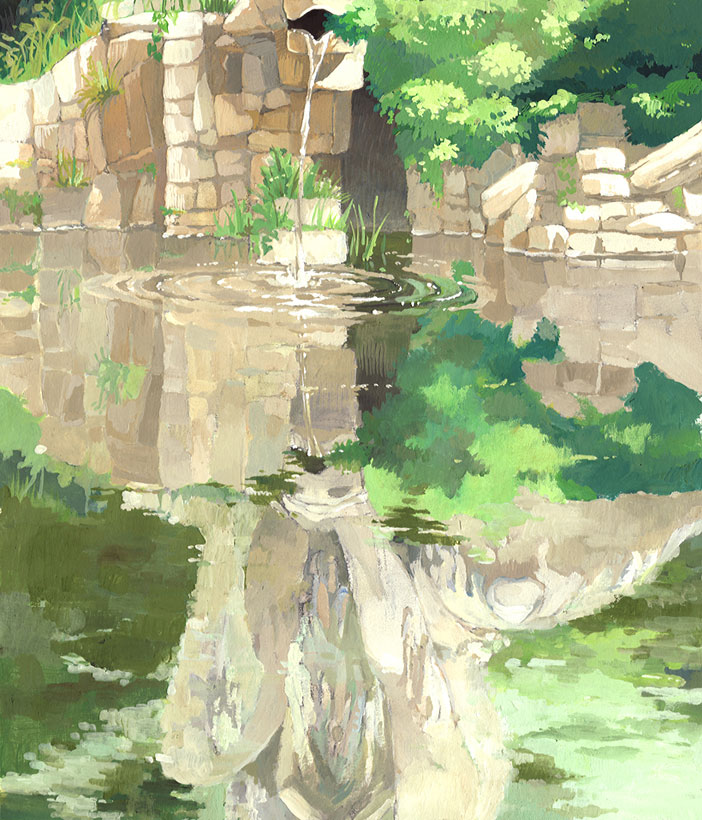 bad_pixiv_id day fountain grass lake nature no_humans original overgrown plant reflection ripples ruins scenery soro water
