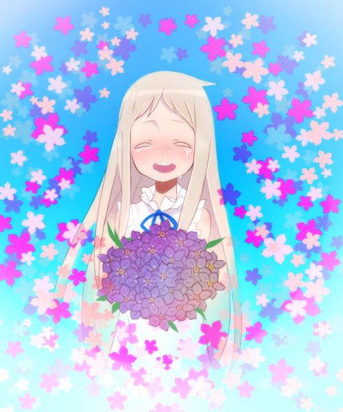 ano_hi_mita_hana_no_namae_wo_bokutachi_wa_mada_shiranai. closed_eyes dress flower honma_meiko kashiri_kurosuke long_hair solo tears violet_(flower)