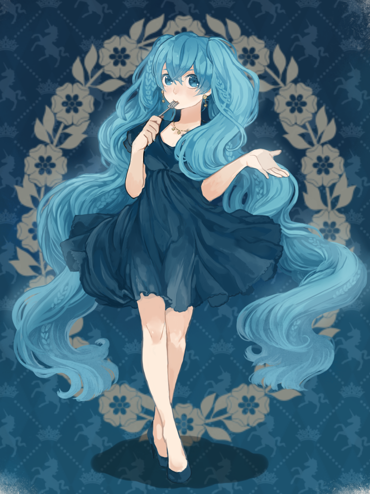 aqua_eyes aqua_hair bad_id bad_pixiv_id braid dress earrings eating face fork hands hatsune_miku jewelry legs long_hair megu_(megu-milk) necklace shoes solo twintails very_long_hair vocaloid