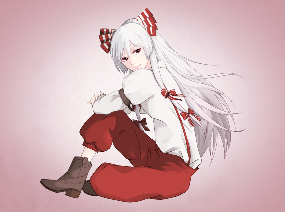 boots bow fujiwara_no_mokou full_body hair_bow light_smile long_hair looking_at_viewer pants red_eyes sanadoon shoes silver_hair simple_background sitting solo suspenders touhou
