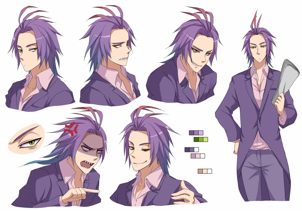 anger_vein angry antenna_hair bad_id bad_pixiv_id character_sheet color_guide gradient_hair green_eyes grin male_focus monsters_inc. multicolored_hair personification purple_hair randall_boggs runosuke sharp_teeth smile teeth
