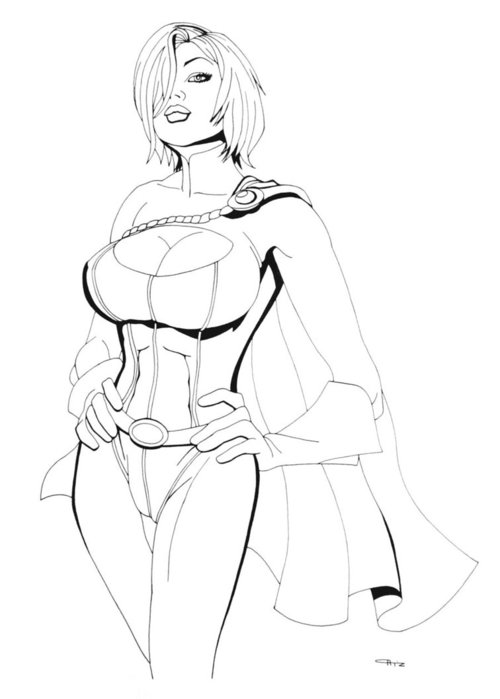 breasts cape dc_comics gloves greyscale huge_breasts lineart monochrome power_girl short_hair solo