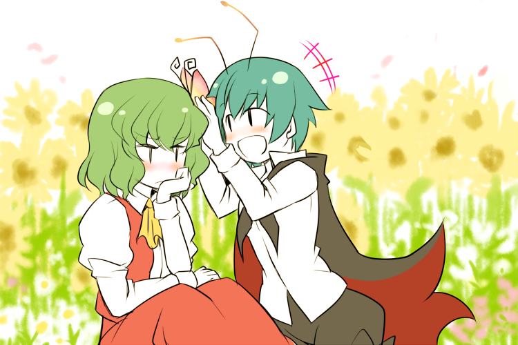 antennae bad_id bad_pixiv_id blush bug butterfly cape chin_rest frown green_hair hair_ornament insect kazami_yuuka multiple_girls newpe short_hair touhou wriggle_nightbug