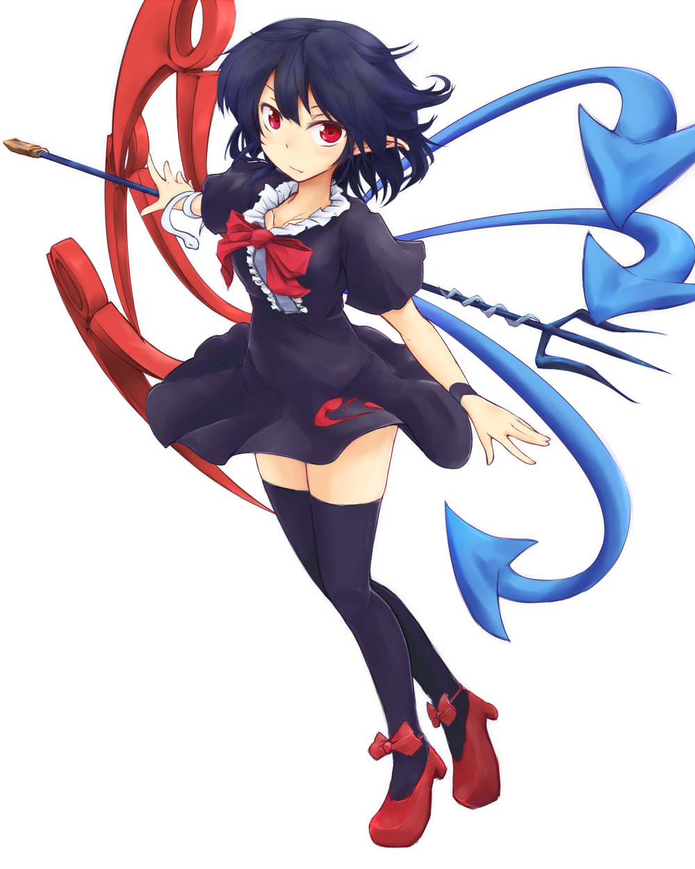 araco asymmetrical_wings black_hair black_legwear full_body highres houjuu_nue pointy_ears polearm red_eyes short_hair solo thighhighs touhou transparent_background trident weapon wings
