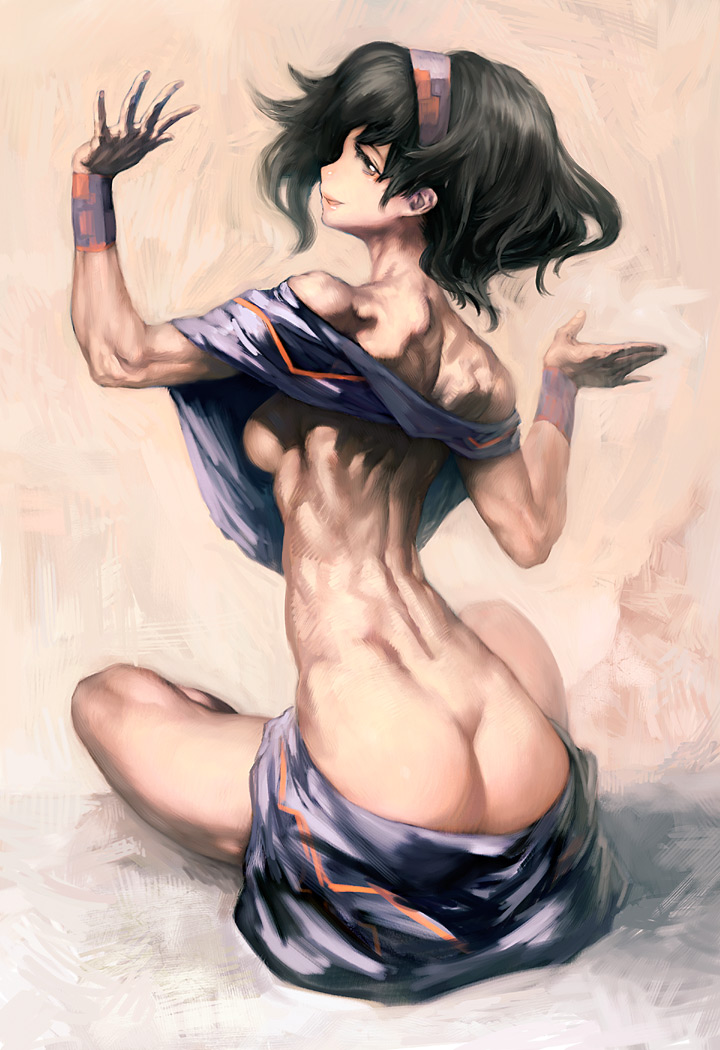 arms_up ass back bad_id bad_pixiv_id black_hair breasts brown_hair copyright_request hairband looking_back medium_breasts muscle no_bra no_panties sepia_background short_hair sideboob sitting skirt smile solo strapless surutsu wristband