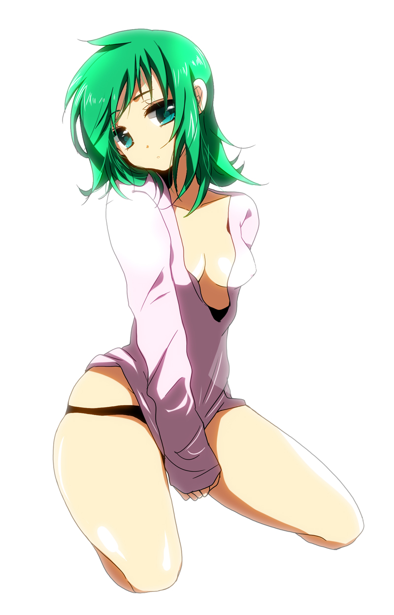 aqua_eyes breasts cleavage green_hair gumi highres kneeling marirero_a medium_breasts no_pants panties short_hair simple_background solo underwear vocaloid