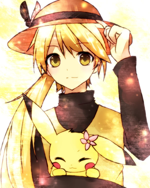 ^_^ bad_id bad_pixiv_id blonde_hair chuchu_(pokemon) closed_eyes flower gen_1_pokemon hair_flower hair_ornament hairy_pikachu hand_on_headwear hat holding long_hair nyaro9224 pikachu pokemon pokemon_(creature) pokemon_special ponytail smile straw_hat sun_hat yellow_(pokemon) yellow_eyes