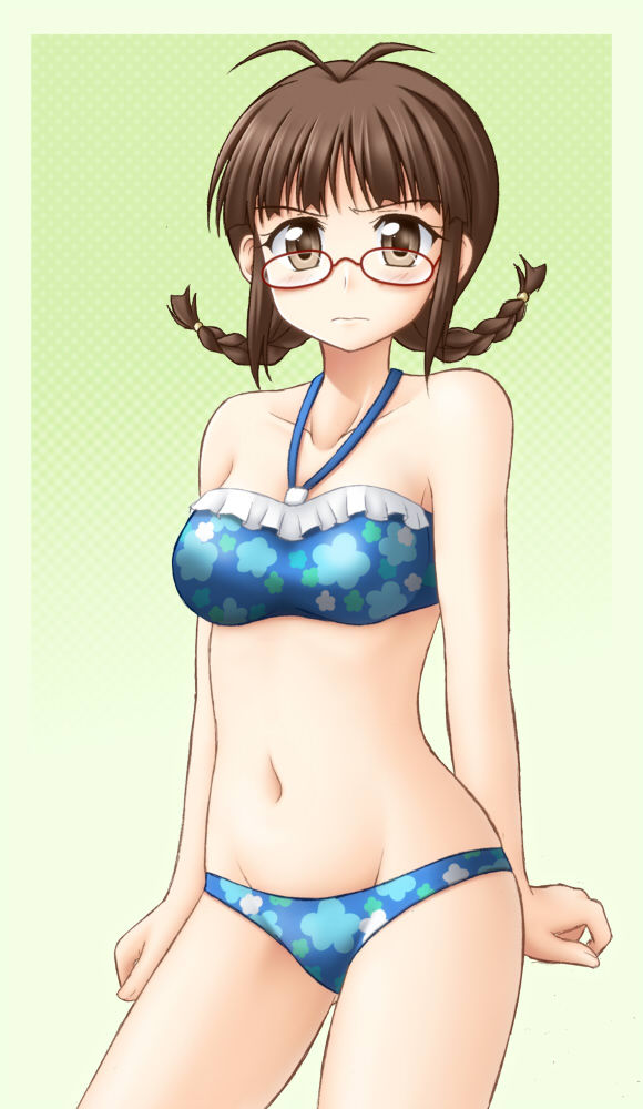 akizuki_ritsuko bikini braid brown_eyes brown_hair floral_print frown glasses groin halterneck idolmaster idolmaster_(classic) navel print_bikini solo swimsuit twin_braids utomo