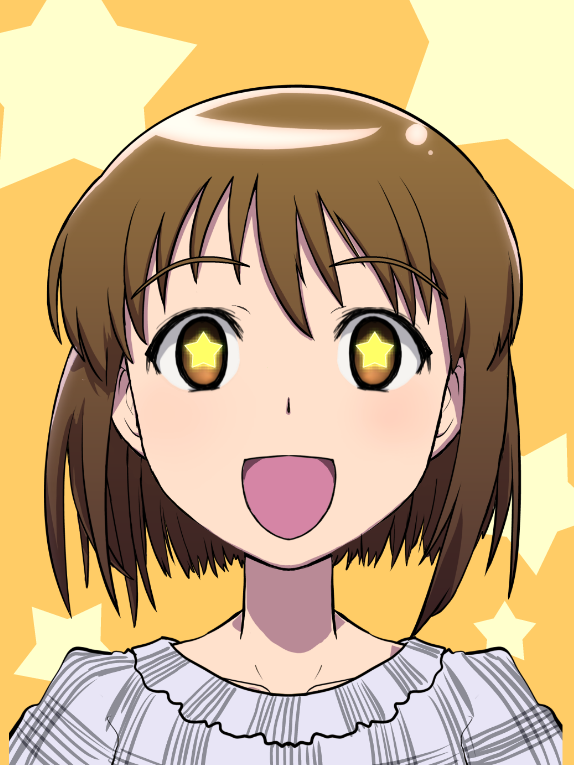 1girl bob_cut brown_eyes brown_hair excited hagiwara_yukiho idolmaster idolmaster_(classic) momojiri_tarou portrait short_hair smile solo star