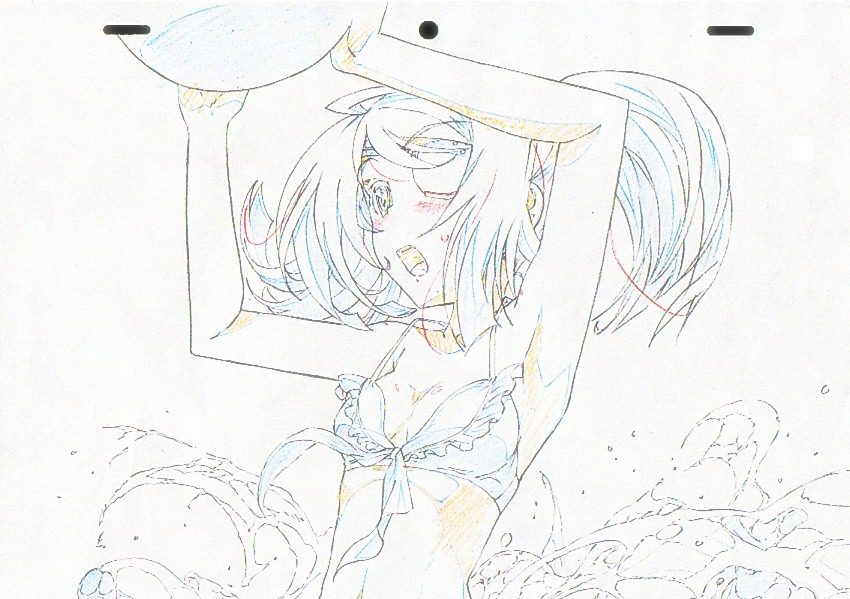 armpits ball beachball bikini_top color_trace eyepatch flat_chest infinite_stratos laura_bodewig monochrome production_art signalpink solo traditional_media twintails