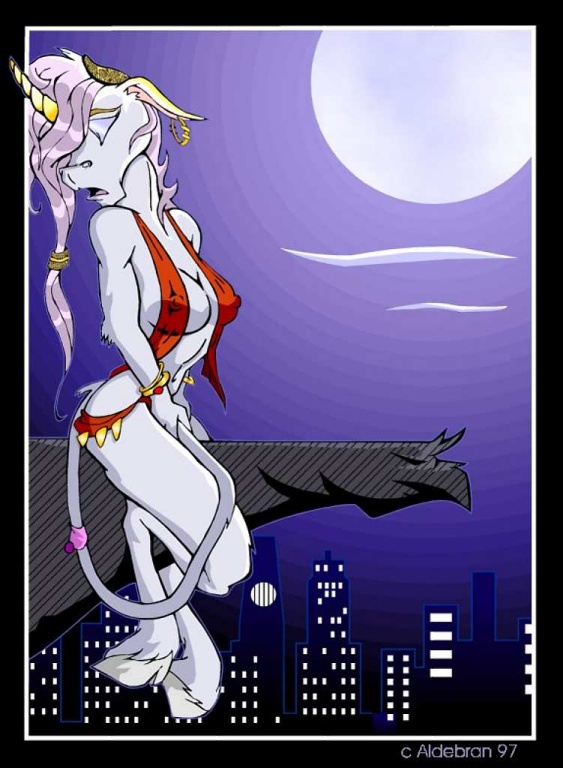 breasts city cityscape clothed clothing equine eyes_closed female hair hooves horn horns mammal masturbation moon night penetration perched pink_hair skimpy solo tail tail_sex unicorn