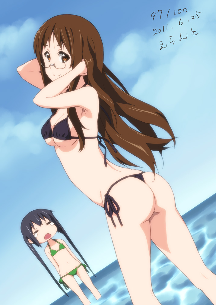2girls =_= arched_back armpits arms_behind_back arms_up ass back bangs bare_legs bare_shoulders bikini black_bikini black_hair breast_envy breasts brown_eyes brown_hair chibi cleavage closed_eyes closed_mouth cloud d: dated day dutch_angle errant flat_chest from_side glasses green_bikini groin halterneck hand_behind_head hand_in_hair hips k-on! kneepits legs_apart light_smile long_hair looking_at_another looking_at_viewer looking_back medium_breasts multiple_girls nakano_azusa navel open_mouth outdoors parted_bangs rimless_eyewear round_eyewear side-tie_bikini sideboob sidelocks signature sky smile straight_hair string_bikini swimsuit tears thong_bikini twintails underboob very_long_hair wading water yamanaka_sawako
