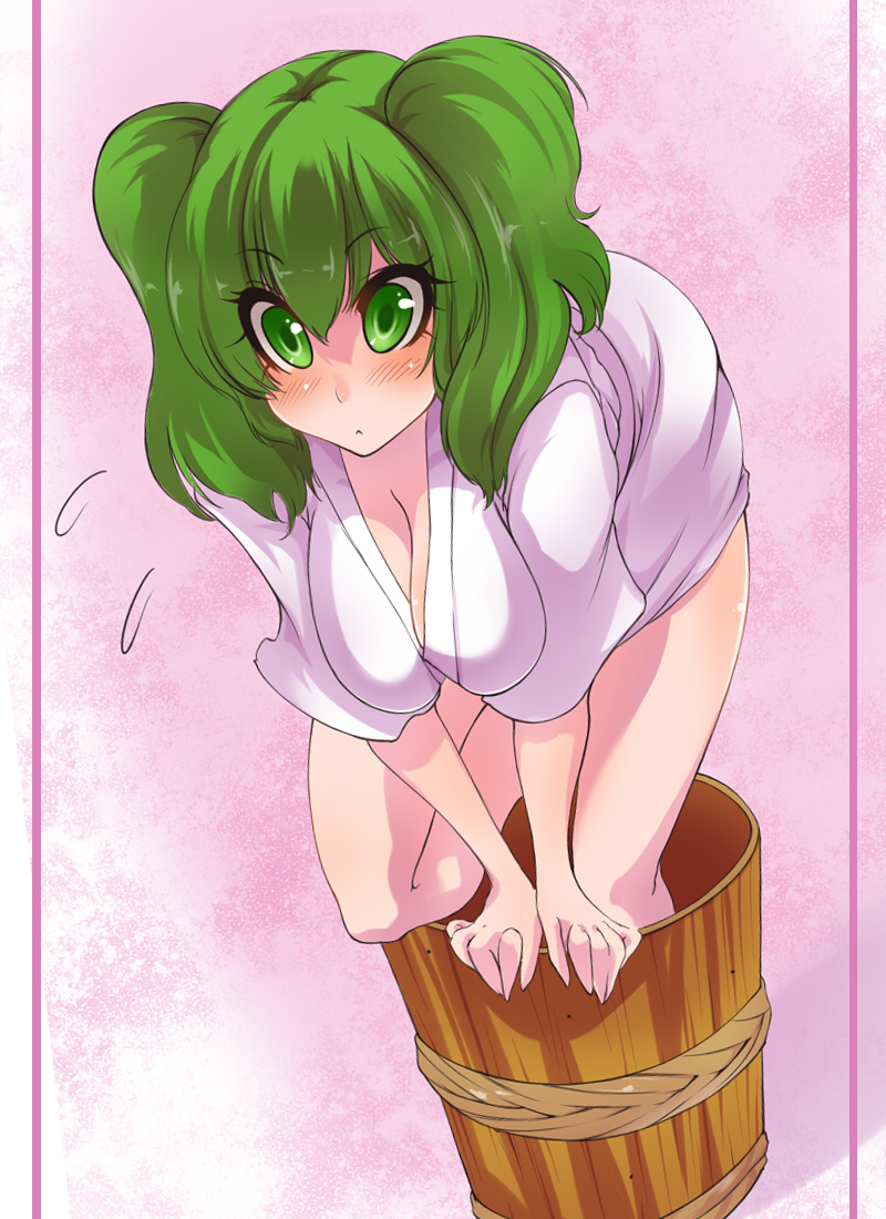 alternate_breast_size bad_id bad_pixiv_id blush bottomless breasts bucket cleavage downblouse face flying_sweatdrops green_eyes green_hair hair_bobbles hair_ornament in_bucket in_container kisume large_breasts leaning_forward older short_hair simple_background solo suikamaru touhou twintails