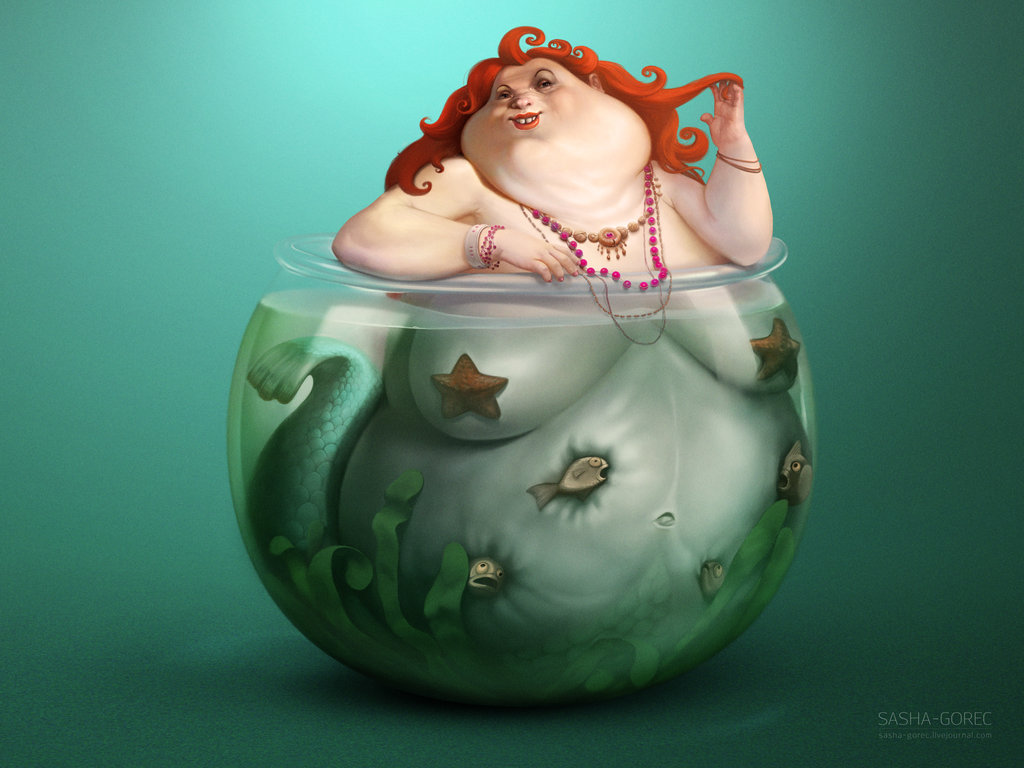 bracelet breasts chubby fat female fish fishbowl hair jewelry marine mermaid necklace overweight poor_fishies red_hair sasha_gorec sea_star solo wallpaper water