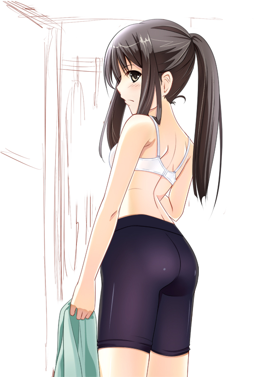 ass back bangs bare_shoulders bike_shorts black_hair blush bra breasts clothes_removed cowboy_shot from_side frown hanasaku_iroha high_ponytail hino_minato_(spec.c) holding looking_at_viewer looking_back monochrome_background partially_colored ponytail profile sidelocks sketch small_breasts solo standing tsurugi_minko underwear white_bra