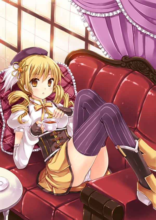 bad_id bad_pixiv_id beret blonde_hair boots corset couch cup detached_sleeves drill_hair fingerless_gloves flower gloves hair_flower hair_ornament hat lying magical_girl mahou_shoujo_madoka_magica on_back orange_eyes panties peach_(momozen) skirt solo staring striped striped_legwear tea teacup thighhighs tomoe_mami twin_drills twintails underwear vertical-striped_legwear vertical_stripes