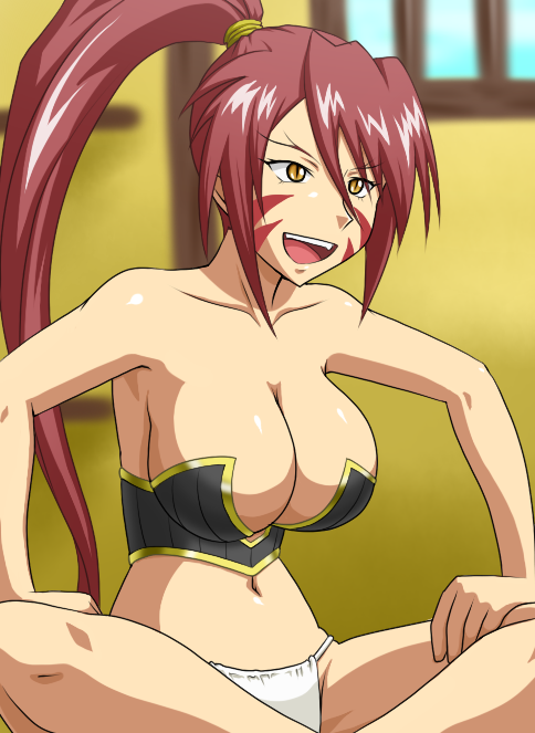 breasts cleavage goriate indian_style large_breasts long_hair oda_nobunaga_(sengoku_otome) panties ponytail red_hair sengoku_otome sitting solo underwear yellow_eyes