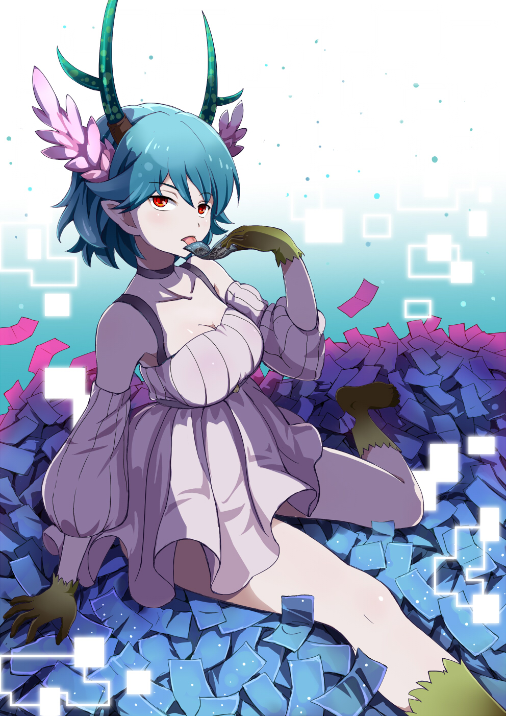 antlers bare_shoulders blue_door blue_hair c_(control) choker detached_sleeves dress eating gloves green_eyes hair_ornament head_wings highres horns midas_money pointy_ears q_(control) red_eyes short_hair sitting solo tongue