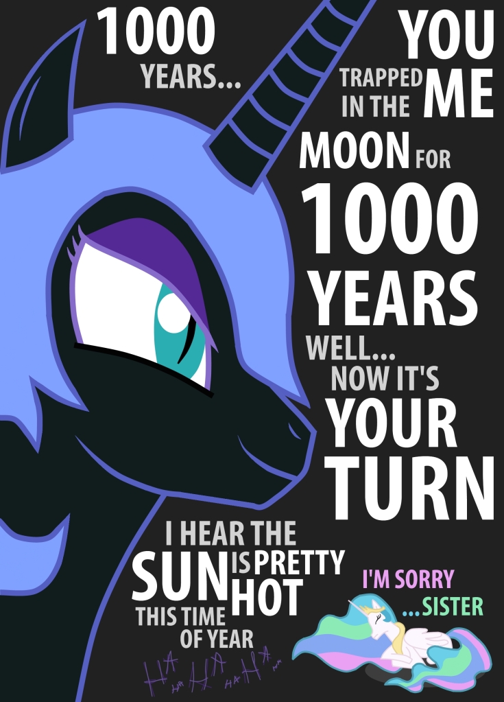 alicorn english_text equine female feral friendship_is_magic horn mammal my_little_pony nightmare_moon_(mlp) penguinprotecter princess princess_celestia_(mlp) revenge royalty smile text to_the_sun winged_unicorn wings