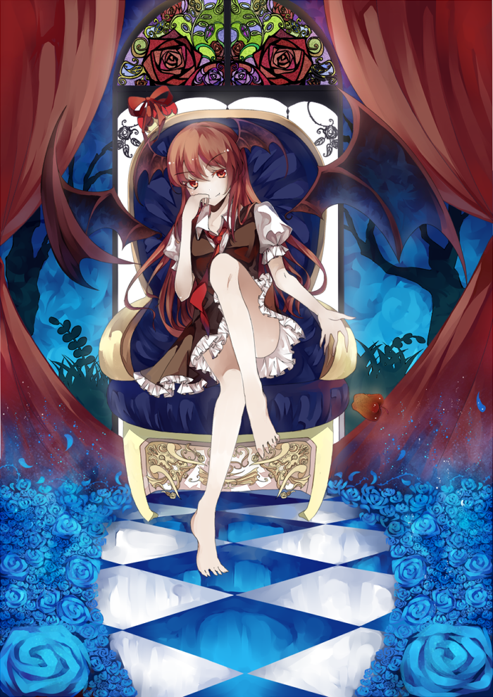 bad_id bad_pixiv_id bare_legs barefoot bat_wings blue_flower blue_rose chair checkered checkered_floor demon_girl feet flower full_body head_wings indoors knee_up koakuma long_hair looking_at_viewer necktie red_eyes red_hair rose sitting smile smirk solo stained_glass tajador throne touhou very_long_hair window wings