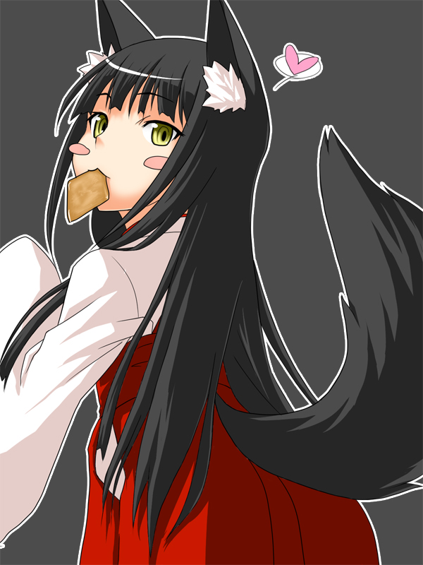 animal_ears bad_id bad_pixiv_id black_hair blush_stickers character_request copyright_request green_eyes heart japanese_clothes long_hair miko solo tail yahara_fuzuki