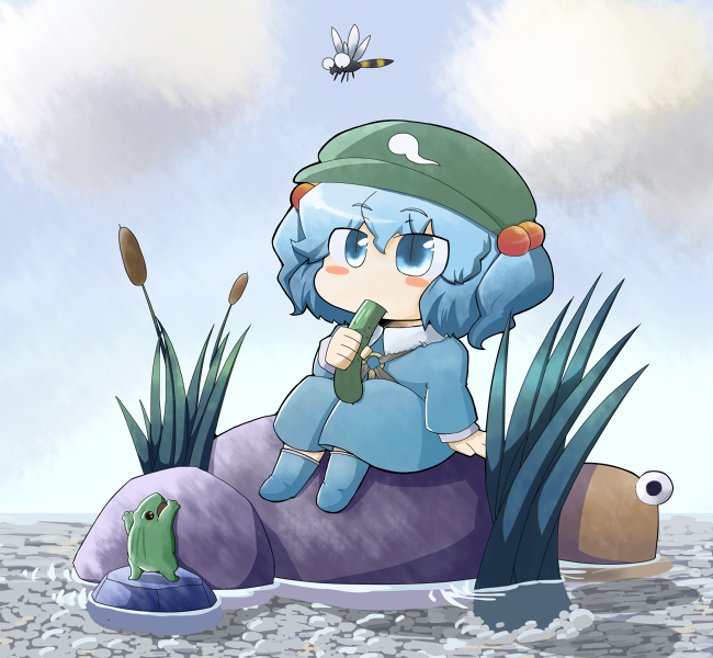 bad_id bad_pixiv_id blue_eyes blue_hair blush bug chibi cloud cucumber day dragonfly eating eyes frog hair_bobbles hair_ornament hat insect kawashiro_nitori key looking_up nura_(oaaaaaa) pyonta sitting slit_pupils solo touhou two_side_up water
