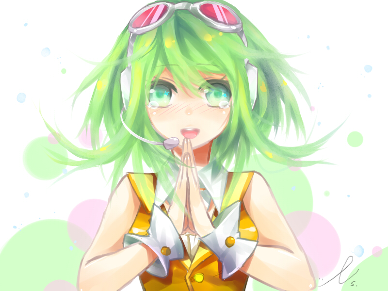 blush crying crying_with_eyes_open face goggles goggles_on_head green_eyes green_hair gumi hands headphones headset long_hair open_mouth shadowfire short_hair smile solo tears vocaloid wrist_cuffs